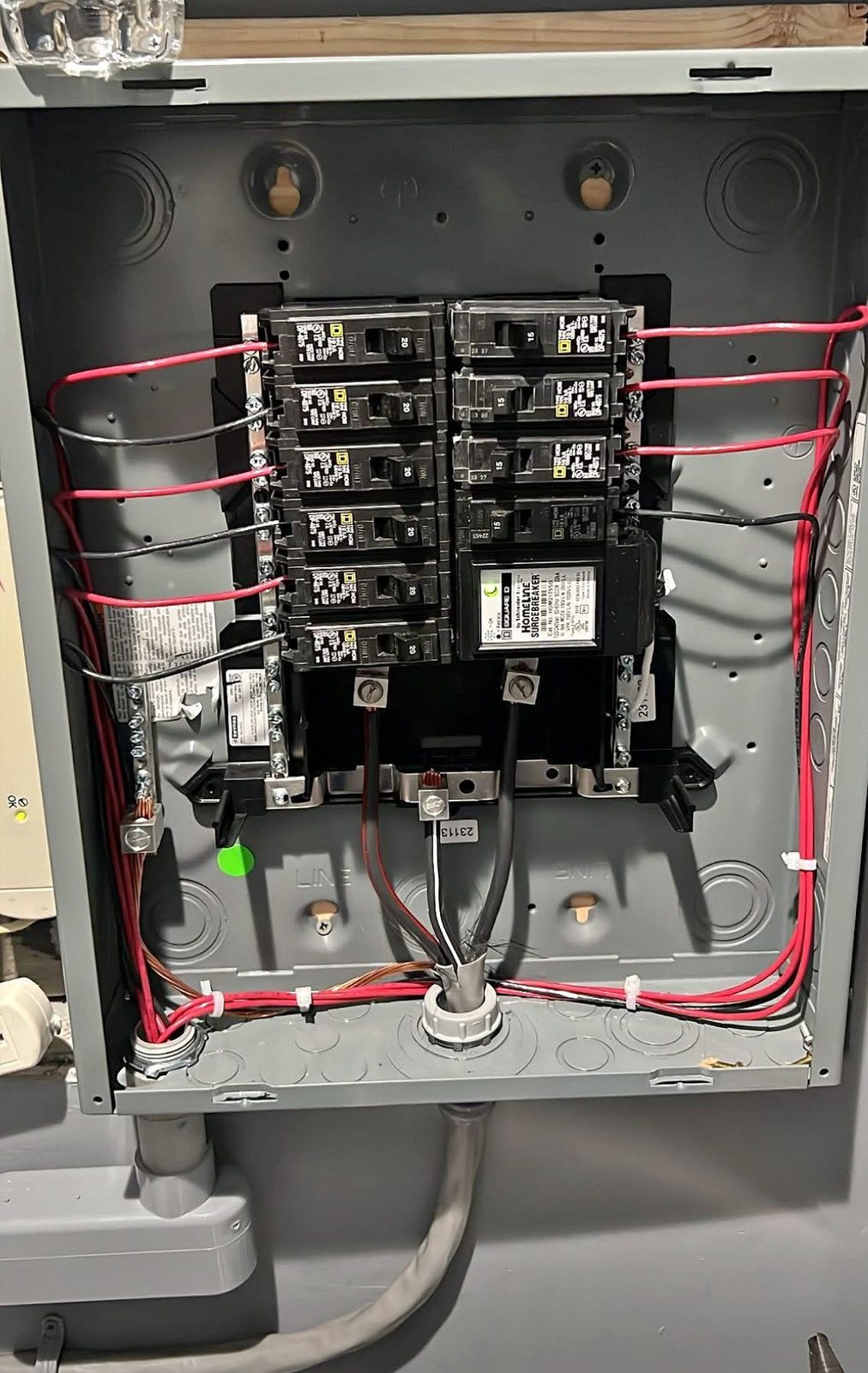 Real 200-amp Square D Homeline panel upgrade with SurgeBreaker SPD installed by Viking Electric & Design